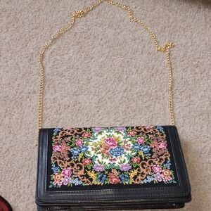 Black Floral Embroidered Clutch with Chain Strap